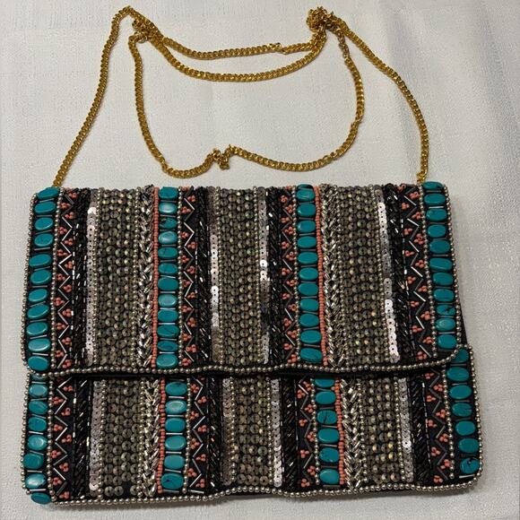 Other Handbags - Black Clutch w/Turquoise & Metal Beading 10"x7" Excellent Condition